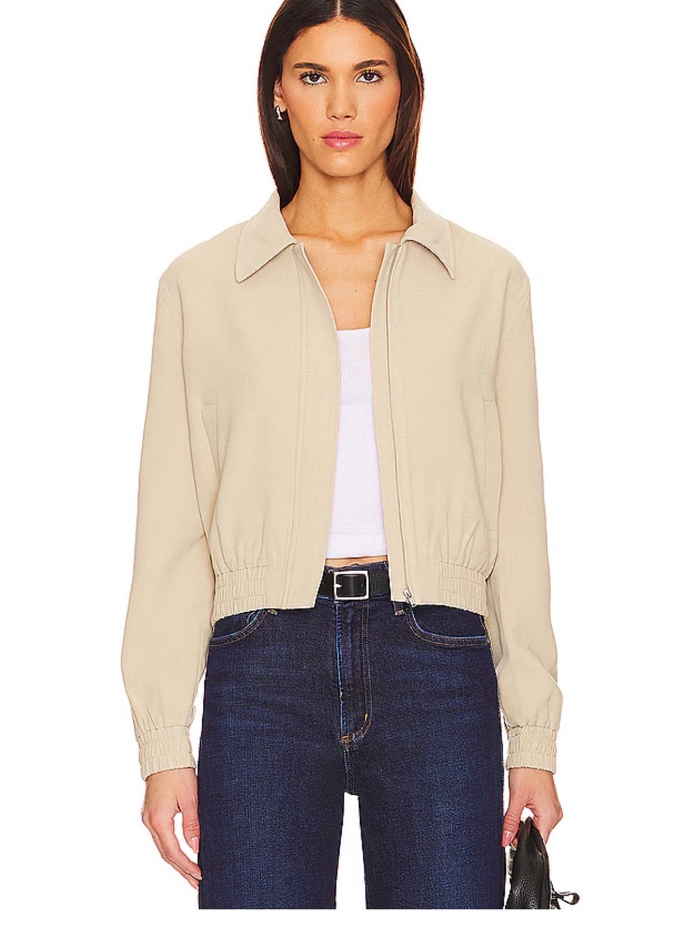ASTR Beige Cropped Zip-Front Bomber Jacket